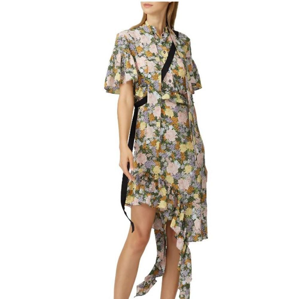 Rokh Silk Split Floral Frill Dress Ruffle Strap Pink Yellow Blue Women's Size 10